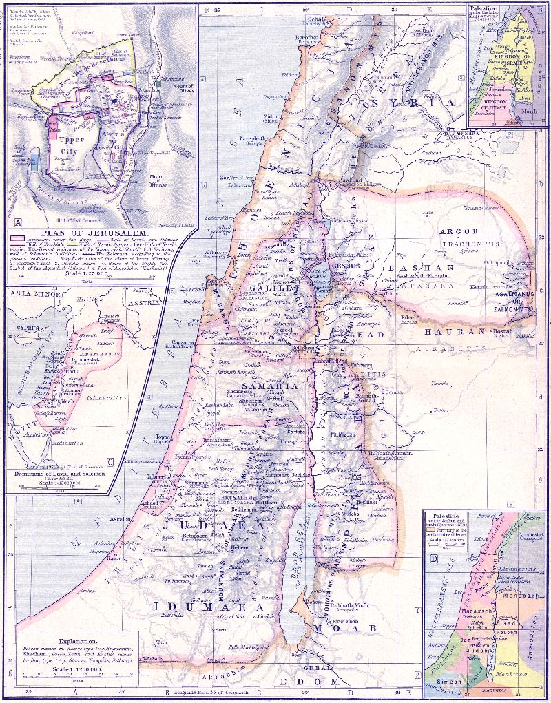 A detailed antique map of ancient Palestine showing Galilee, Samaria, Judaea, Idumaea, Moab, with insets of Jerusalem and the tribal kingdoms