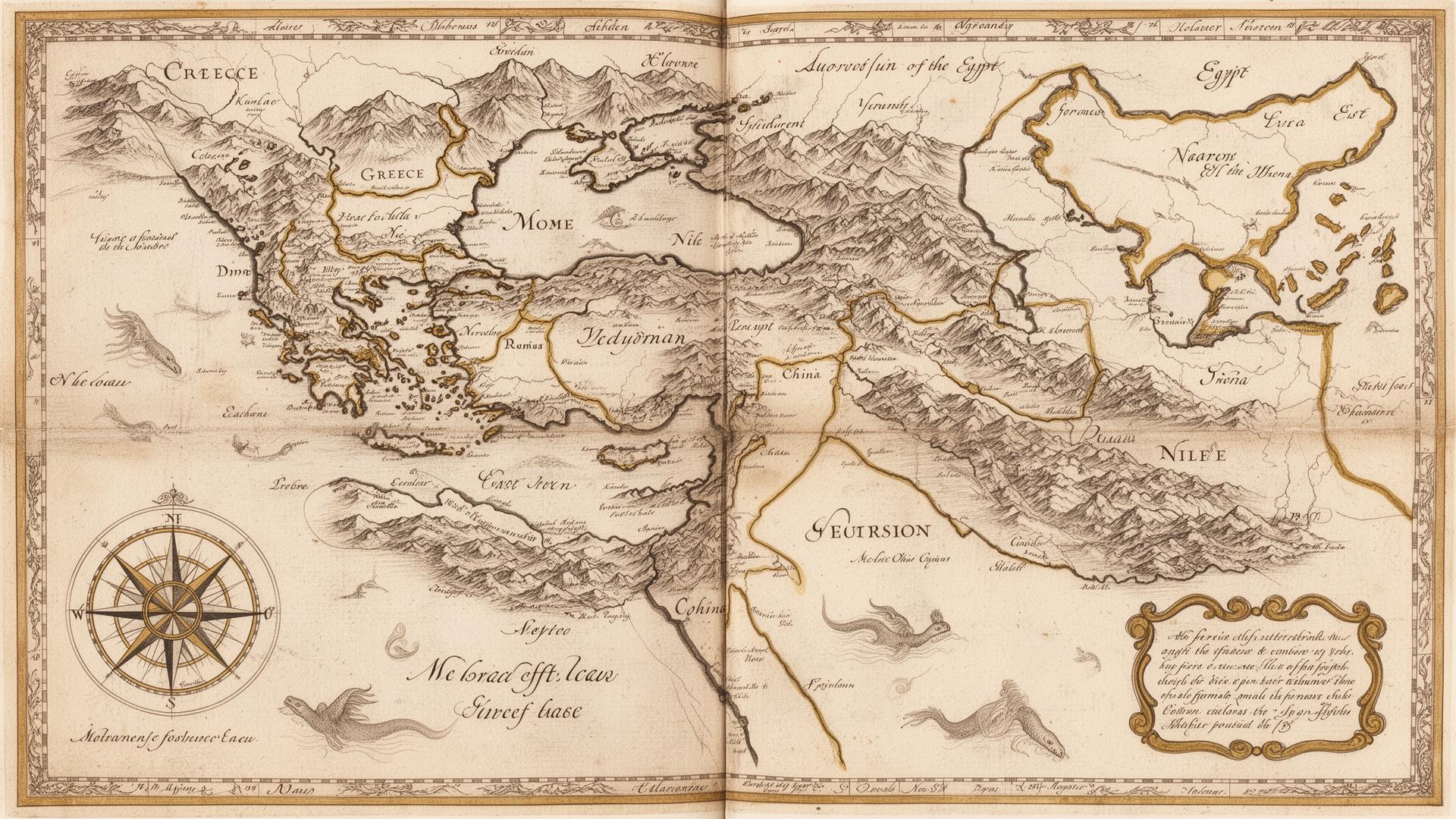 Parchment map of the ancient world — Greece, Rome, Egypt, China