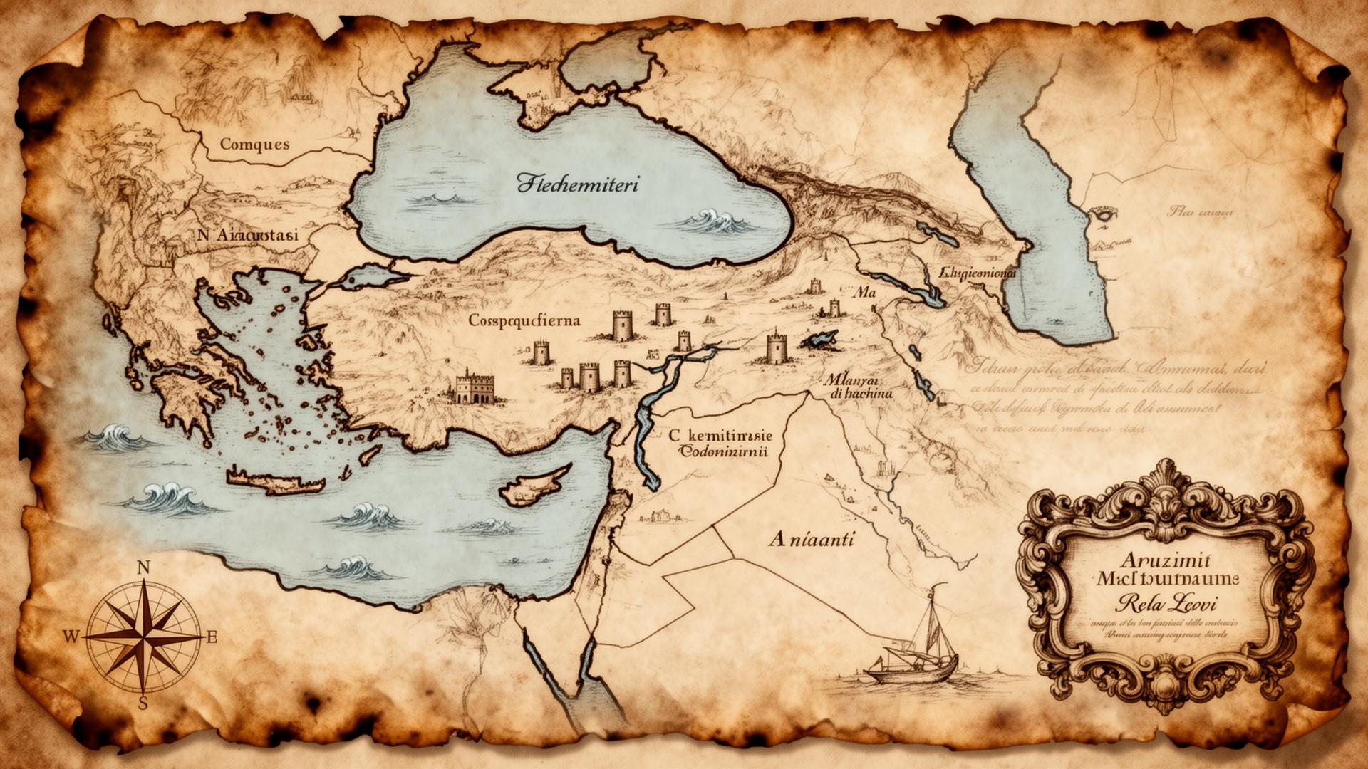 An antique parchment map of the ancient Holy Land showing Galilee, Samaria, Judea, the Jordan River and the Dead Sea