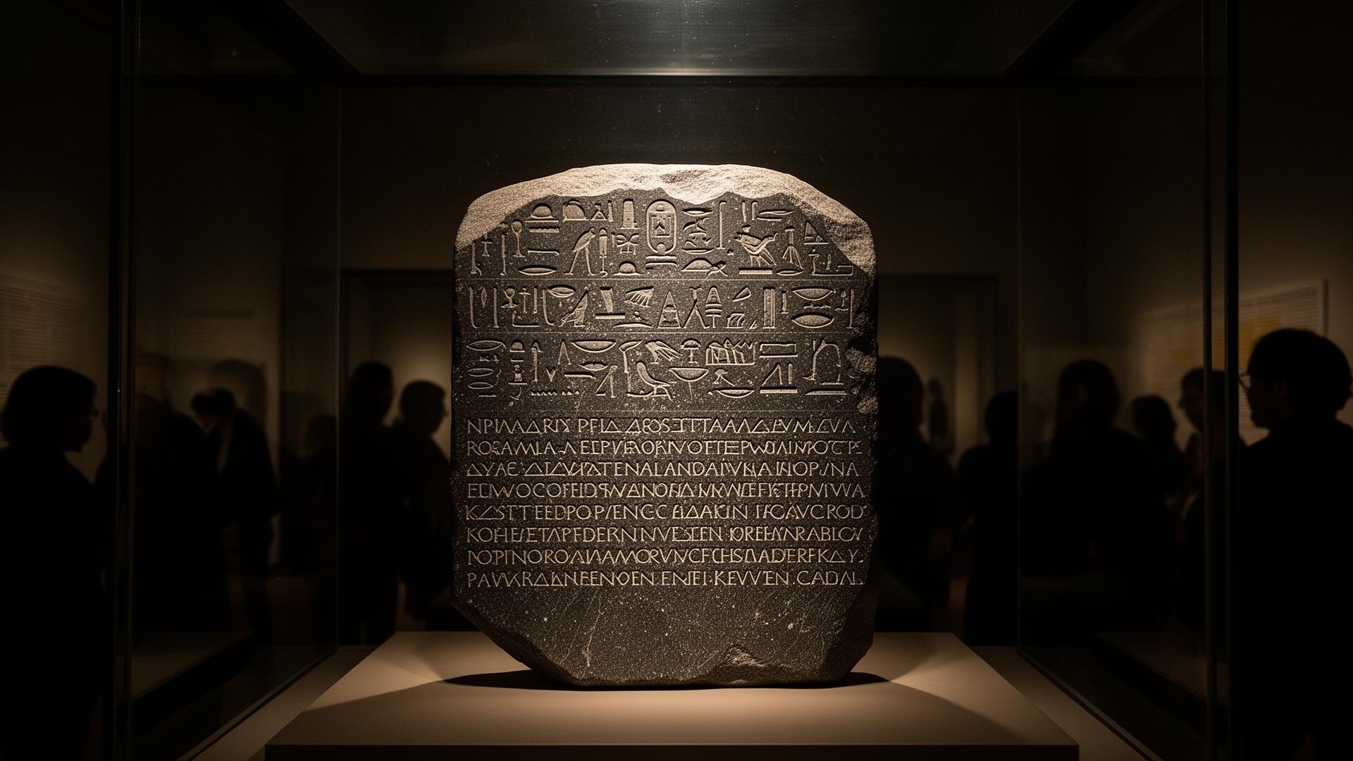The Rosetta Stone displayed in a museum case, its three scripts visible under dramatic lighting